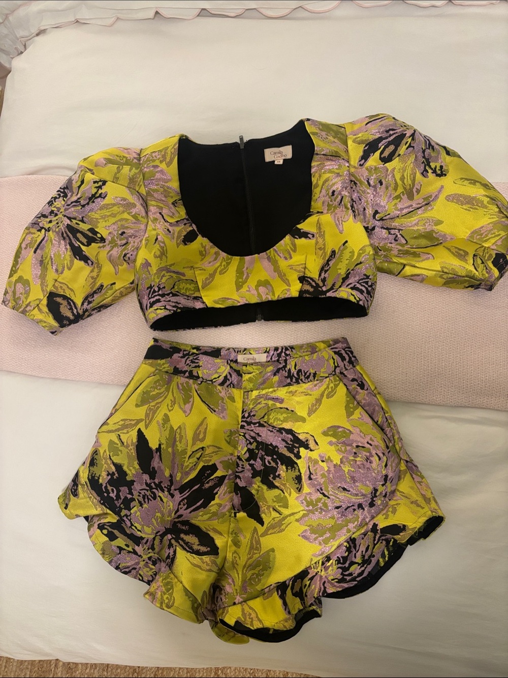 Camila Coelho yellow floral puff-sleeve crop top with purple & black print